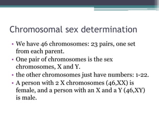 Chromosomal sex determination 
• We have 46 chromosomes: 23 pairs, one set 
from each parent. 
• One pair of chromosomes is the sex 
chromosomes, X and Y. 
• the other chromosomes just have numbers: 1-22. 
• A person with 2 X chromosomes (46,XX) is 
female, and a person with an X and a Y (46,XY) 
is male. 
 