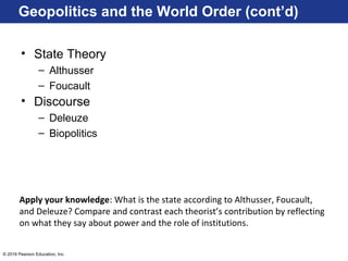 © 2016 Pearson Education, Inc.
Geopolitics and the World Order (cont’d)
• State Theory
– Althusser
– Foucault
• Discourse
– Deleuze
– Biopolitics
Apply your knowledge: What is the state according to Althusser, Foucault,
and Deleuze? Compare and contrast each theorist’s contribution by reflecting
on what they say about power and the role of institutions.
 