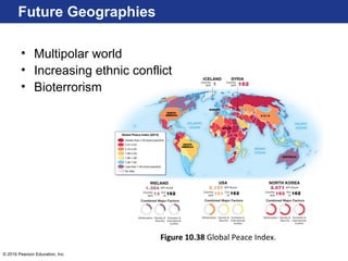© 2016 Pearson Education, Inc.
Future Geographies
• Multipolar world
• Increasing ethnic conflict
• Bioterrorism
Figure 10.38 Global Peace Index.
 