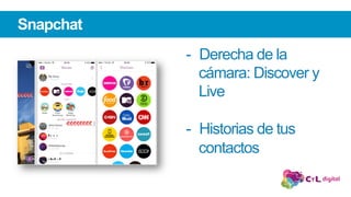 -  Derecha de la
cámara: Discover y
Live
-  Historias de tus
contactos
Snapchat
 