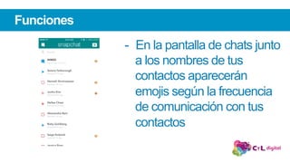 Funciones
-  En la pantalla de chats junto
a los nombres de tus
contactos aparecerán
emojis según la frecuencia
de comunicación con tus
contactos
 