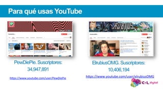 Para qué usas YouTube
PewDiePie.Suscriptores:
34,947,891
h"ps://www.youtube.com/user/elrubiusOMG		
ElrubiusOMG.Suscriptores:
10,406,194
h"ps://www.youtube.com/user/PewDiePie		
 