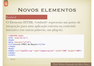 Embed
Prof. Pedro Clarindo da Silva Neto
O Elemento HTML <embed> representa um ponto de
integração para uma aplicação externa ou conteúdo
interativo (em outras palavras, um plug-in).
Novos elementos
• Maujor
 