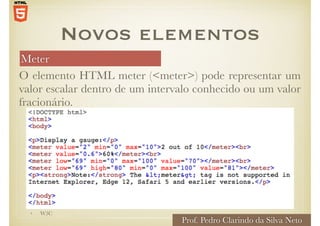Meter
O elemento HTML meter (<meter>) pode representar um
valor escalar dentro de um intervalo conhecido ou um valor
fracionário.
Novos elementos
• W3C
Prof. Pedro Clarindo da Silva Neto
 