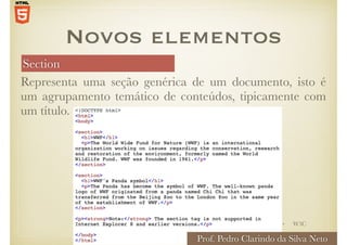 Section
Representa uma seção genérica de um documento, isto é
um agrupamento temático de conteúdos, tipicamente com
um título.
Novos elementos
• W3C
Prof. Pedro Clarindo da Silva Neto
 