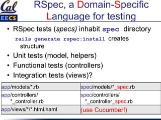 RSpec, a Domain-Specific
Language for testing
• RSpec tests (specs) inhabit spec directory
rails generate rspec:install creates
structure
• Unit tests (model, helpers)
• Functional tests (controllers)
• Integration tests (views)?
app/models/*.rb spec/models/*_spec.rb
app/controllers/
*_controller.rb
spec/controllers/
*_controller_spec.rb
app/views/*/*.html.haml (use Cucumber!)
 