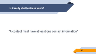 “A contact must have at least one contact information”
43
Is it really what business wants?
 