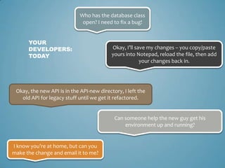 Your developers: todayWho has the database class open? I need to fix a bug!Okay, I’ll save my changes – you copy/paste yours into Notepad, reload the file, then add your changes back in.Okay, the new API is in the API-new directory, I left the old API for legacy stuff until we get it refactored.Can someone help the new guy get his environment up and running?I know you’re at home, but can you make the change and email it to me?