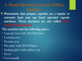 2. Hand Operated Capsule Filling
Machine
 Pharmacists that prepare capsules on a regular or
extensive basis may use hand operated capsule
machines. These machines are also called Feton
capsule filling machine.
The machine has the following parts :-
• Capsule bed with 200-300 holes
• Loading tray
• Powder tray
• Pin plate with 200-300pins
• Sealing plate with rubber top
• Lever
• Cam handle
 