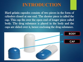 INTRODUCTION
Hard gelatin capsules consists of two pieces in the form of
cylinders closed at one end. The shorter piece is called the
cap. This cap fits over the open end of longer piece called
body. The drug substance is placed in the body and the
caps are slided over it, hence enclosing the drug substance.
BODY
CAP
 