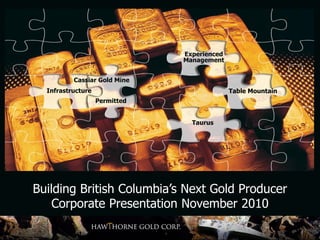 Experienced
Management
Infrastructure
Taurus
Table Mountain
Permitted
Cassiar Gold Mine
Building British Columbia’s Next Gold Producer
Corporate Presentation November 2010
 