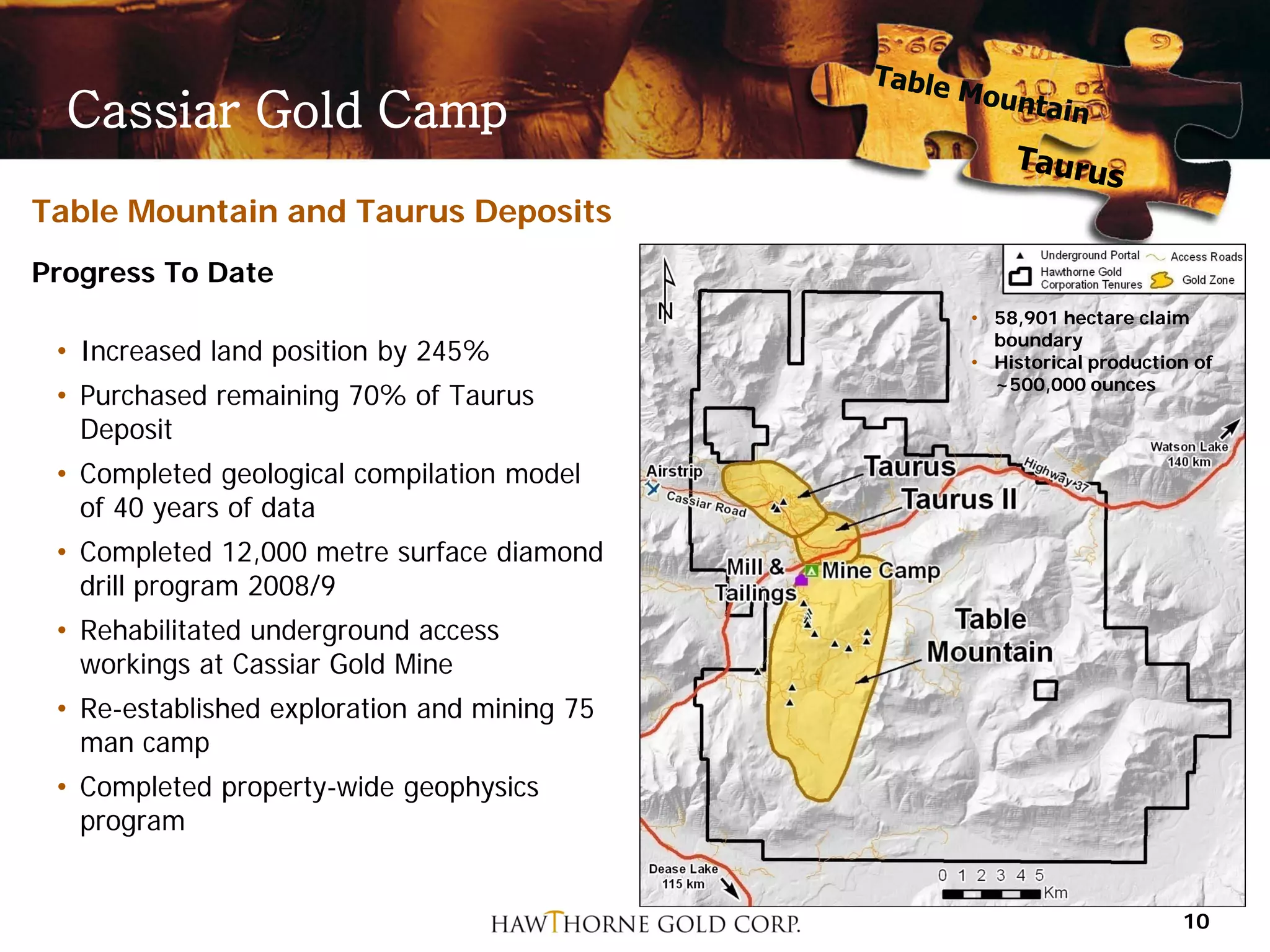 Cassiar Gold Camp
Table Mountain and Taurus Deposits
Progress To Date
                                              • 58,901 hectare claim
                                                boundary
 • Increased land position by 245%            • Historical production of
                                                ~500,000 ounces
 • Purchased remaining 70% of Taurus
   Deposit
 • Completed geological compilation model
   of 40 years of data
 • Completed 12,000 metre surface diamond
   drill program 2008/9
 • Rehabilitated underground access
   workings at Cassiar Gold Mine
 • Re-established exploration and mining 75
   man camp
 • Completed property-wide geophysics
   program


                                                                    10
 