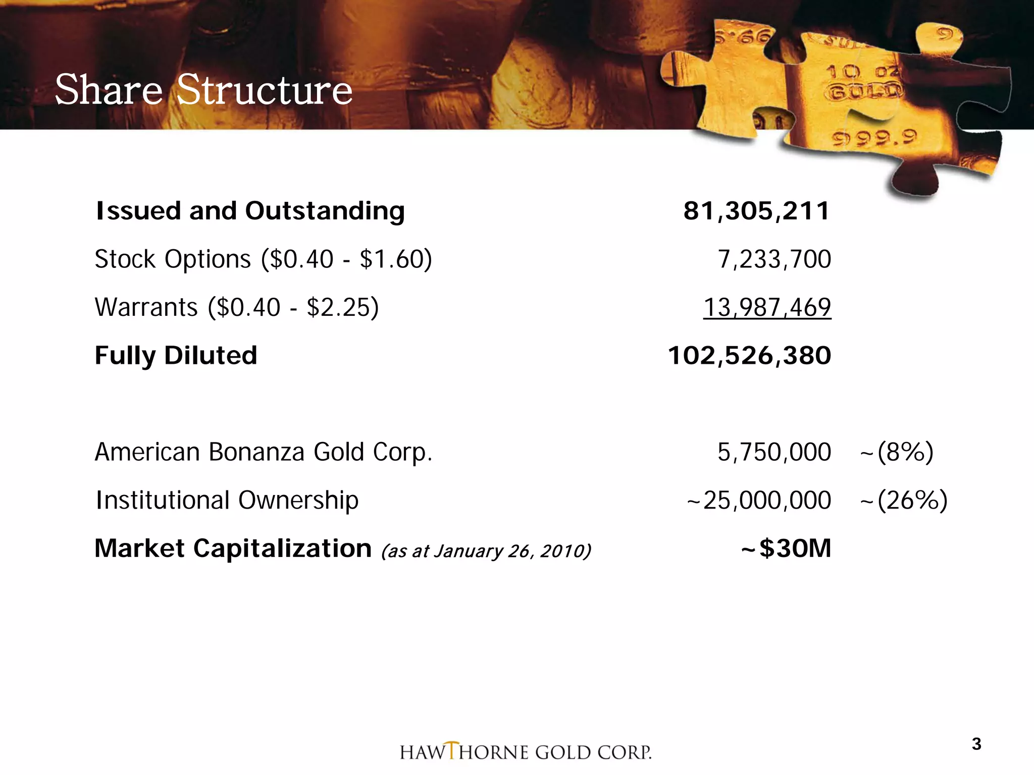 Share Structure

  Issued and Outstanding                            81,305,211
  Stock Options ($0.40 - $1.60)                       7,233,700
  Warrants ($0.40 - $2.25)                           13,987,469
  Fully Diluted                                    102,526,380


  American Bonanza Gold Corp.                         5,750,000 ~(8%)
  Institutional Ownership                           ~25,000,000 ~(26%)
  Market Capitalization (as at January 26, 2010)       ~$30M




                                                                         3
 