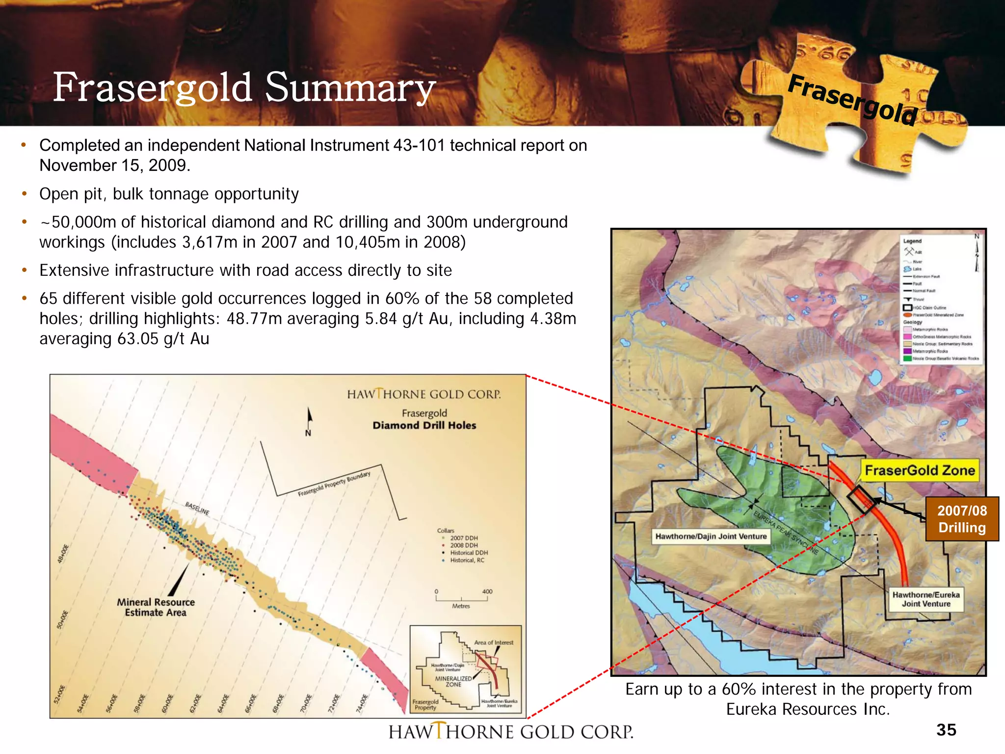 Frasergold Summary
• Completed an independent National Instrument 43-101 technical report on
  November 15, 2009.
• Open pit, bulk tonnage opportunity
• ~50,000m of historical diamond and RC drilling and 300m underground
  workings (includes 3,617m in 2007 and 10,405m in 2008)
• Extensive infrastructure with road access directly to site
• 65 different visible gold occurrences logged in 60% of the 58 completed
  holes; drilling highlights: 48.77m averaging 5.84 g/t Au, including 4.38m
  averaging 63.05 g/t Au




                                                                                                                       2007/08
                                                                                                                       Drilling




                                                                              Earn up to a 60% interest in the property from
                                                                                           Eureka Resources Inc.
                                                                                                                        35
 