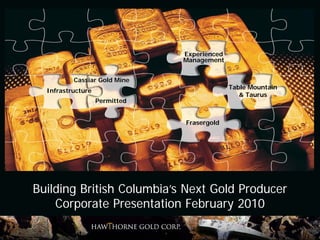 Experienced
                               Management


          Cassiar Gold Mine
                                             Table Mountain
  Infrastructure
                                                & Taurus
                   Permitted


                               Frasergold




Building British Columbia’s Next Gold Producer
    Corporate Presentation February 2010
 
