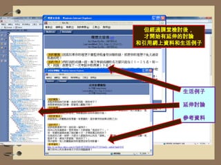 但經過課堂檢討後，才開始有延伸的討論和引用網上資料和生活例子生活例子延伸討論參考資料