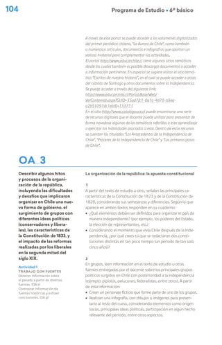 104 Programa de Estudio Ú 6º básico
OA 3
Describir algunos hitos
y procesos de la organi-
zación de la república,
incluyendo las dificultades
y desafíos que implicaron
organizar en Chile una nue-
va forma de gobierno, el
surgimiento de grupos con
diferentes ideas políticas
(conservadores y libera-
les), las características de
la Constitución de 1833, y
el impacto de las reformas
realizadas por los liberales
en la segunda mitad del
siglo XIX.
A través de este portal se puede acceder a los volúmenes digitalizados
del primer periódico chileno, “La Aurora de Chile”, como también
a numerosos artículos, documentos e infografías que aportan un
valioso material para complementar las actividades.
El portal http://www.educarchile.cl tiene algunos sitios temáticos
desde los cuales también es posible descargar documentos o acceder
a información pertinente. En especial se sugiere visitar el sitio temá-
tico “Escritos de nuestra historia”, en el cual se puede acceder a actas
del cabildo de Santiago y otros documentos sobre la Independencia.
Se puede acceder a través del siguiente link:
http://www.educarchile.cl/Portal.Base/Web/
VerContenido.aspx?GUID=35ad7fc1-0a1c-4d70-b9ea-
a2b51097dc1e&ID=133771
En el sitio http://www.catalogouce.cl puede encontrarse una serie
de recursos digitales que el docente puede utilizar para presentar de
forma novedosa algunas de las temáticas referidas a este aprendizaje
o ejercitar las habilidades asociadas a este. Dentro de estos recursos
se cuentan los titulados “Los Antecedentes de la Independencia de
Chile”, “Próceres de la Independencia de Chile” y “Los primeros pasos
de Chile”.
La organización de la república: la apuesta constitucional
1
A partir del texto de estudio u otro, señalan las principales ca-
racterísticas de la Constitución de 1823 y de la Constitución de
1828, considerando sus semejanzas y diferencias. Según lo que
aparece en ambos textos responden en su cuaderno:
ú ¿Qué elementos debían ser definidos para organizar el país de
manera independiente? (por ejemplo, los poderes del Estado,
la elección de representantes, etc.)
ú Considerando el momento que vivía Chile después de la Inde-
pendencia, ¿por qué crees tú que se redactaron dos consti-
tuciones distintas en tan poco tiempo (un periodo de tan solo
cinco años)?
2
En grupos, leen información en el texto de estudio u otras
fuentes entregadas por el docente sobre los principales grupos
políticos surgidos en Chile con posterioridad a la Independencia
(ejemplo: pipiolos, pelucones, federalistas, entre otros). A partir
de esta información:
ú Crean un personaje ficticio que forme parte de uno de los grupos.
ú Realizan una infografía, con dibujos o imágenes para presen-
tarlo al resto del curso, considerando elementos como origen
social, principales ideas políticas, participación en algún hecho
relevante del periodo, entre otros aspectos.
Actividad 1
Trabajo con fuentes
Obtener información sobre
el pasado a partir de diversas
fuentes. (OA e)
Contrastar información de
fuentes históricas y extraer
conclusiones. (OA g)
 