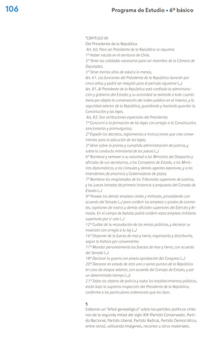 106 Programa de Estudio Ú 6º básico
“CAPITULO VII
Del Presidente de la República
Art. 60. Para ser Presidente de la República se requiere:
1º Haber nacido en el territorio de Chile.
2º Tener las calidades necesarias para ser miembro de la Cámara de
Diputados.
3º Tener treinta años de edad a lo menos.
Art. 61. Las funciones del Presidente de la República durarán por
cinco años; y podrá ser relegido para el período siguiente (…)
Art. 81. Al Presidente de la República está confiada la administra-
ción y gobierno del Estado; y su autoridad se extiende a todo cuanto
tiene por objeto la conservación del orden público en el interior, y la
seguridad exterior de la República, guardando y haciendo guardar la
Constitución y las leyes.
Art. 82. Son atribuciones especiales del Presidente:
1ª Concurrir a la formación de las leyes con arreglo a la Constitución;
sancionarlas y promulgarlas;
2ª Expedir los decretos, reglamentos e instrucciones que crea conve-
nientes para la ejecución de las leyes;
3ª Velar sobre la pronta y cumplida administración de justicia, y
sobre la conducta ministerial de los jueces (…)
6ª Nombrar y remover a su voluntad a los Ministros del Despacho y
oficiales de sus secretarías, a los Consejeros de Estado, a los Minis-
tros diplomáticos, a los cónsules y demás agentes exteriores, y a los
Intendentes de provincia y Gobernadores de plaza;
7ª Nombrar los magistrados de los Tribunales superiores de justicia,
y los jueces letrados de primera instancia a propuesta del Consejo de
Estado (…)
9ª Proveer los demás empleos civiles y militares, procediendo con
acuerdo del Senado (…) para conferir los empleos o grados de corone-
les, capitanes de navíos y demás oficiales superiores del Ejército y Ar-
mada. En el campo de batalla podrá conferir estos empleos militares
superiores por sí solo (…)
12ª Cuidar de la recaudación de las rentas públicas, y decretar su
inversión con arreglo a la ley (…)
16ª Disponer de la fuerza de mar y tierra, organizarla y distribuirla,
según lo hallare por conveniente;
17ª Mandar personalmente las fuerzas de mar y tierra, con acuerdo
del Senado (…)
18ª Declarar la guerra con previa aprobación del Congreso (…)
20ª Declarar en estado de sitio uno o varios puntos de la República
en caso de ataque exterior, con acuerdo del Consejo de Estado, y por
un determinado tiempo (…);
21ª Todos los objetos de policía y todos los establecimientos públicos,
están bajo la suprema inspección del Presidente de la República,
conforme a las particulares ordenanzas que los rijan.
5
Elaboran un “árbol genealógico” sobre los partidos políticos chile-
nos de la segunda mitad del siglo XIX (Partido Conservador, Parti-
do Nacional, Partido Liberal, Partido Radical, Partido Democrático,
entre otros), utilizando imágenes, recortes u otros materiales.
 