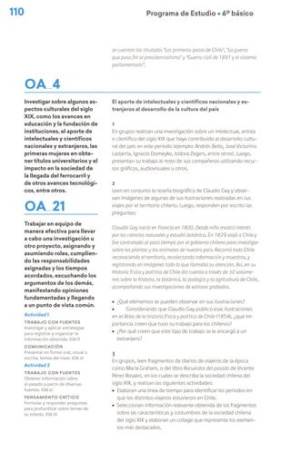 110 Programa de Estudio Ú 6º básico
Actividad 2
Trabajo con fuentes
Obtener información sobre
el pasado a partir de diversas
fuentes. (OA e)
Pensamiento crítico
Formular y responder preguntas
para profundizar sobre temas de
su interés. (OA h)
OA 4
Investigar sobre algunos as-
pectos culturales del siglo
XIX, como los avances en
educación y la fundación de
instituciones, el aporte de
intelectuales y científicos
nacionales y extranjeros, las
primeras mujeres en obte-
ner títulos universitarios y el
impacto en la sociedad de
la llegada del ferrocarril y
de otros avances tecnológi-
cos, entre otros.
OA 21
Trabajar en equipo de
manera efectiva para llevar
a cabo una investigación u
otro proyecto, asignando y
asumiendo roles, cumplien-
do las responsabilidades
asignadas y los tiempos
acordados, escuchando los
argumentos de los demás,
manifestando opiniones
fundamentadas y llegando
a un punto de vista común.
se cuentan los titulados “Los primeros pasos de Chile”, “La guerra
que puso fin al presidencialismo” y “Guerra civil de 1891 y el sistema
parlamentario”.
El aporte de intelectuales y científicos nacionales y ex-
tranjeros al desarrollo de la cultura del país
1
En grupos realizan una investigación sobre un intelectual, artista
o científico del siglo XIX que haya contribuido al desarrollo cultu-
ral del país en este período (ejemplo: Andrés Bello, José Victorino
Lastarria, Ignacio Domeyko, Isidora Zegers, entre otros). Luego,
presentan su trabajo al resto de sus compañeros utilizando recur-
sos gráficos, audiovisuales u otros.
2
Leen en conjunto la reseña biográfica de Claudio Gay y obser-
van imágenes de algunas de sus ilustraciones realizadas en sus
viajes por el territorio chileno. Luego, responden por escrito las
preguntas:
Claudio Gay nació en Francia en 1800. Desde niño mostró interés
por las ciencias naturales y estudió botánica. En 1829 viajó a Chile y
fue contratado al poco tiempo por el gobierno chileno para investigar
sobre las plantas y los animales de nuestro país. Recorrió todo Chile
reconociendo el territorio, recolectando información y muestras, y
registrando en imágenes todo lo que llamaba su atención. Así, en su
Historia física y política de Chile dio cuenta a través de 30 volúme-
nes sobre la historia, la botánica, la zoología y la agricultura de Chile,
acompañando sus investigaciones de valiosos grabados.
ú ¿Qué elementos se pueden observar en sus ilustraciones?
ú Considerando que Claudio Gay publicó esas ilustraciones
en el Atlas de la historia física y política de Chile (1854), ¿qué im-
portancia creen que tuvo su trabajo para los chilenos?
ú ¿Por qué creen que este tipo de trabajo se le encargó a un
extranjero?
3
En grupos, leen fragmentos de diarios de viajeros de la época
como María Graham, o del libro Recuerdos del pasado de Vicente
Pérez Rosales, en los cuales se describa la sociedad chilena del
siglo XIX, y realizan las siguientes actividades:
ú Elaboran una línea de tiempo para identificar los periodos en
que los distintos viajeros estuvieron en Chile.
ú Seleccionan información relevante obtenida de los fragmentos
sobre las características y costumbres de la sociedad chilena
del siglo XIX y elaboran un collage que represente los elemen-
tos más destacados.
Actividad 1
Trabajo con fuentes
Investigar y aplicar estrategias
para registrar y organizar la
información obtenida. (OA f)
Comunicación
Presentar en forma oral, visual o
escrita, temas del nivel. (OA n)
 