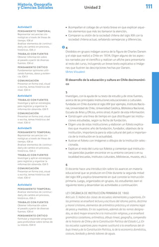 Historia, Geografía
y Ciencias Sociales 111
Unidad 2
ú Acompañan el collage de un texto breve en que explican aque-
llos elementos que más les llamaron la atención.
ú Comparan su visión de la sociedad chilena del siglo XIX con la
sociedad chilena actual, señalando semejanzas y diferencias.
4
Divididos en grupos indagan acerca de la figura de Charles Darwin
y el viaje que realizó a Chile en 1834. Eligen alguno de los aspec-
tos narrados por el científico y realizan un afiche para presentarlo
al resto del curso, incluyendo un breve texto explicativo e imáge-
nes que ilustren las descripciones hechas por Darwin.
(Artes Visuales)
El desarrollo de la educación y cultura en Chile decimonóni-
co
5
Investigan, con la ayuda de su texto de estudio y de otras fuentes,
acerca de las principales instituciones educacionales o culturales
fundadas en Chile durante el siglo XIX (por ejemplo, Instituto Nacio-
nal, Universidad de Chile, Universidad Católica, Biblioteca Nacional,
Escuela de Artes y Oficios, entre otras). A partir de esta información:
ú Construyen una línea de tiempo en que distribuyen las institu-
ciones estudiadas, según su fecha de fundación.
ú Eligen una de estas instituciones y elaboran un folleto explica-
tivo que muestre: año de fundación, fundador, objetivos de la
institución, importancia para la vida cultural del país e importan-
cia de la institución en la actualidad.
ú Ilustran el folleto con imágenes o dibujos de la institución selec-
cionada.
ú Explican al resto del curso sus folletos y comentan qué institucio-
nes parecidas pueden encontrar en su entorno cercano o en su
localidad (escuelas, institutos culturales, bibliotecas, museos, etc.).
6
El docente hace una introducción sobre los avances en materia
educacional que se producen en Chile durante la segunda mitad
del siglo XIX y explica brevemente en qué consiste la instrucción
primaria. Luego, organizados en grupos, los estudiantes leen el
siguiente texto y desarrollan las actividades a continuación:
Ley Orgánica de Instrucción Primaria de 1860
Artículo 3: Habrá dos clases de escuelas: elementales y superiores. En
las primeras se enseñará lectura y escritura del idioma patrio, doctrina
y moral cristiana, elementos de aritmética práctica y el sistema legal
de pesos y medidas. En las superiores, además de los ramos designa-
dos, se dará mayor ensanche a la instrucción religiosa, y se enseñará
gramática castellana, aritmética, dibujo lineal, geografía, compendio
de la historia de Chile y de la Constitución Política del Estado (…). En
las escuelas superiores para mujeres sustituirá a la enseñanza del di-
bujo lineal y de la Constitución Política, la de la economía doméstica,
costura, bordado y demás labores de aguja.
Actividad 3
Pensamiento temporal
Representar secuencias cro-
nológicas a través de líneas de
tiempo. (OA a)
Analizar elementos de continui-
dad y de cambio en procesos,
históricos. (OA c)
Trabajo con fuentes
Obtener información sobre
el pasado a partir de diversas
fuentes. (OA e)
Pensamiento crítico
Fundamentar opiniones utili-
zando fuentes, datos y eviden-
cia. (OA i)
Comunicación
Presentar en forma oral, visual
o escrita, temas históricos del
nivel. (OA n)
Actividad 4
Trabajo con fuentes
Investigar y aplicar estrategias
para registrar y organizar la
información obtenida. (OA f)
Comunicación
Presentar en forma oral, visual
o escrita, temas históricos del
nivel. (OA n)
Actividad 5
Pensamiento temporal
Representar secuencias cro-
nológicas a través de líneas de
tiempo. (OA a)
Analizar elementos de continui-
dad y de cambio en procesos,
históricos. (OA c)
Trabajo con fuentes
Investigar y aplicar estrategias
para registrar y organizar la
información obtenida. (OA f)
Comunicación
Presentar en forma oral, visual
o escrita, temas históricos del
nivel. (OA n)
Actividad 6
Pensamiento temporal
Analizar elementos de continui-
dad y de cambio en procesos,
históricos. (OA c)
Trabajo con fuentes
Obtener información sobre
el pasado a partir de diversas
fuentes. (OA e)
Pensamiento crítico
Formular y responder preguntas
para profundizar sobre temas de
su interés. (OA h)
 