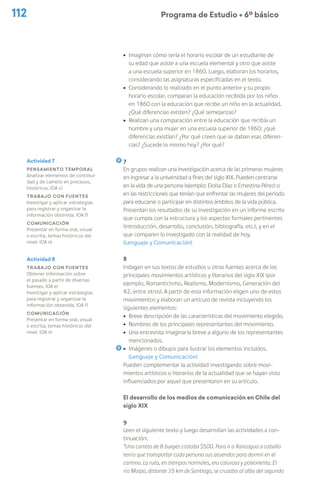 112 Programa de Estudio Ú 6º básico
ú Imaginan cómo sería el horario escolar de un estudiante de
su edad que asiste a una escuela elemental y otro que asiste
a una escuela superior en 1860. Luego, elaboran los horarios,
considerando las asignaturas especificadas en el texto.
ú Considerando lo realizado en el punto anterior y su propio
horario escolar, comparan la educación recibida por los niños
en 1860 con la educación que recibe un niño en la actualidad.
¿Qué diferencias existen? ¿Qué semejanzas?
ú Realizan una comparación entre la educación que recibía un
hombre y una mujer en una escuela superior de 1860: ¿qué
diferencias existían? ¿Por qué creen que se daban esas diferen-
cias? ¿Sucede lo mismo hoy? ¿Por qué?
7
En grupos realizan una investigación acerca de las primeras mujeres
en ingresar a la universidad a fines del siglo XIX. Pueden centrarse
en la vida de una persona (ejemplo: Eloísa Díaz o Ernestina Pérez) o
en las restricciones que tenían que enfrentar las mujeres del período
para educarse o participar en distintos ámbitos de la vida pública.
Presentan los resultados de su investigación en un informe escrito
que cumpla con la estructura y los aspectos formales pertinentes
(introducción, desarrollo, conclusión, bibliografía, etc.), y en el
que comparen lo investigado con la realidad de hoy.
(Lenguaje y Comunicación)
8
Indagan en sus textos de estudios u otras fuentes acerca de los
principales movimientos artísticos y literarios del siglo XIX (por
ejemplo, Romanticismo, Realismo, Modernismo, Generación del
42, entre otros). A partir de esta información eligen uno de estos
movimientos y elaboran un artículo de revista incluyendo los
siguientes elementos:
ú Breve descripción de las características del movimiento elegido.
ú Nombres de los principales representantes del movimiento.
ú Una entrevista imaginaria breve a alguno de los representantes
mencionados.
ú Imágenes o dibujos para ilustrar los elementos incluidos.
		
(Lenguaje y Comunicación)
Pueden complementar la actividad investigando sobre movi-
mientos artísticos o literarios de la actualidad que se hayan visto
influenciados por aquel que presentaron en su artículo.
El desarrollo de los medios de comunicación en Chile del
siglo XIX
9
Leen el siguiente texto y luego desarrollan las actividades a con-
tinuación:
“Una carreta de 8 bueyes costaba $500. Para ir a Rancagua a caballo
tenía que transportar cada persona sus atuendos para dormir en el
camino. La ruta, en tiempos normales, era calurosa y polvorienta. El
río Maipo, distante 35 km de Santiago, se cruzaba al alba del segundo
Actividad 7
Pensamiento temporal
Analizar elementos de continui-
dad y de cambio en procesos,
históricos. (OA c)
Trabajo con fuentes
Investigar y aplicar estrategias
para registrar y organizar la
información obtenida. (OA f)
Comunicación
Presentar en forma oral, visual
o escrita, temas históricos del
nivel. (OA n)
Actividad 8
Trabajo con fuentes
Obtener información sobre
el pasado a partir de diversas
fuentes. (OA e)
Investigar y aplicar estrategias
para registrar y organizar la
información obtenida. (OA f)
Comunicación
Presentar en forma oral, visual
o escrita, temas históricos del
nivel. (OA n)
 