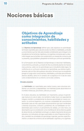 10
10 Programa de Estudio Ú 6º básico
Objetivos de Aprendizaje
como integración de
conocimientos, habilidades y
actitudes
Los Objetivos de Aprendizaje definen para cada asignatura los aprendizajes
terminales esperables para cada año escolar. Se refieren a habilidades, actitudes
y conocimientos que han sido seleccionados considerando que entreguen a los
estudiantes las herramientas cognitivas y no cognitivas necesarias para su desa-
rrollo integral, que les faciliten una comprensión y un manejo de su entorno y de
su presente, y que posibiliten y despierten el interés por continuar aprendiendo.
En la formulación de los Objetivos de Aprendizaje se relacionan habilidades,
conocimientos y actitudes, y a través de ellos se pretende plasmar de manera
clara y precisa, cuáles son los aprendizajes que el estudiante debe lograr. Se
conforma así un currículum centrado en el aprendizaje, que declara explíci-
tamente cuál es el foco del quehacer educativo. Se busca que los estudiantes
pongan en juego estos conocimientos, habilidades y actitudes para enfrentar
diversos desafíos, tanto en el contexto de la asignatura en la sala de clases
como al desenvolverse en su entorno o en la vida cotidiana.
Habilidades
Las habilidades son capacidades para realizar tareas y para solucionar pro-
blemas con precisión y adaptabilidad. Una habilidad puede desarrollarse en
el ámbito intelectual, psicomotriz, afectivo y/o social.
En el plano educativo, las habilidades son importantes, porque el aprendi-
zaje involucra no solo el saber, sino también el saber hacer y la capacidad de
integrar, transferir y complementar los diversos aprendizajes en nuevos con-
textos. La continua expansión y la creciente complejidad del conocimiento
demandan cada vez más capacidades de pensamiento que sean transferibles
a distintas situaciones, contextos y problemas. Así, las habilidades son fun-
damentales para construir un pensamiento de calidad, y en este marco, los
desempeños que se considerarán como manifestación de los diversos grados
de desarrollo de una habilidad constituyen un objeto importante del proceso
educativo. Los indicadores de logro explicitados en estos Programas de Estu-
dio, y también las actividades de aprendizaje sugeridas, apuntan específica-
mente a un desarrollo armónico de las habilidades cognitivas y no cognitivas.
Nociones básicas
 