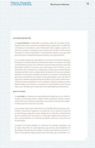 11
11
Historia, Geografía
y Ciencias Sociales
Conocimientos
Los conocimientos corresponden a conceptos, redes de conceptos e infor-
mación sobre hechos, procesos, procedimientos y operaciones. La definición
contempla el conocimiento como información (sobre objetos, eventos, fe-
nómenos, procesos, símbolos) y como comprensión, es decir, la información
integrada en marcos explicativos e interpretativos mayores, que dan base
para desarrollar la capacidad de discernimiento y de argumentación.
Los conceptos propios de cada asignatura o área del conocimiento ayudan a
enriquecer la comprensión de los estudiantes sobre el mundo que los rodea
y los fenómenos que les toca enfrentar. El dominio del vocabulario que este
aprendizaje implica les permite, tanto relacionarse con el entorno y com-
prenderlo, como reinterpretar y reexplicarse el saber que han obtenido por
medio del sentido común y la experiencia cotidiana. En el marco de cualquier
disciplina, el manejo de conceptos clave y de sus conexiones es fundamental
para que los estudiantes construyan nuevos aprendizajes a partir de ellos. El
logro de los Objetivos de Aprendizaje de las Bases Curriculares implica nece-
sariamente que el estudiante conozca, explique, relacione, aplique y analice
determinados conocimientos y conceptos en cada disciplina, de forma que
estos sirvan de base para el desarrollo de las habilidades de pensamiento.
Actitudes
Las actitudes son disposiciones aprendidas para responder, de un modo fa-
vorable o no favorable, frente a objetos, ideas o personas; incluyen compo-
nentes afectivos, cognitivos y valorativos, que inclinan a las personas a deter-
minados tipos de conductas o acciones.
Las actitudes cobran gran importancia en el ámbito educativo porque tras-
cienden la dimensión cognitiva y se relacionan con lo afectivo. El éxito de
los aprendizajes depende en gran medida de las actitudes y disposiciones
de los estudiantes. Por otra parte, un desarrollo integral de la persona im-
plica, necesariamente, el considerar los ámbitos personal, social y ético en
el aprendizaje.
Las Bases Curriculares detallan un conjunto de actitudes específicas que
se espera desarrollar en cada asignatura, que emanan de los Objetivos de
Aprendizaje Transversales de las Bases. Se espera que, desde los primeros ni-
veles, los estudiantes hagan propias estas actitudes, que se aprenden e in-
Nociones básicas
 