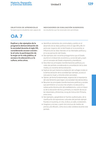 Historia, Geografía
y Ciencias Sociales 129
Unidad 3
Objetivos de Aprendizaje
Se espera que los estudiantes sean capaces de:
indicadores de evaluación sugeridos
Los estudiantes que han alcanzado este aprendizaje:
OA 7
Explicar y dar ejemplos de la
progresiva democratización de
la sociedad durante el siglo XX,
considerando acceso crecien-
te al voto, la participación de
la mujer en la vida pública, el
acceso a la educación y a la
cultura, entre otros.
ú Identifican elementos de continuidad y cambio en el
desarrollo de las ideas políticas entre el siglo XIX y XX. En
particular respecto del rol del Estado en la economía, la
influencia de las ideas liberales en las libertades políticas y
en la secularización del Estado.
ú Dan ejemplos del creciente protagonismo que el Estado
asumió en el desarrollo económico y social del país y expli-
can el concepto de Estado empresario y benefactor.
ú Describen las principales transformaciones políticas y so-
ciales del período considerando la consolidación de la clase
media y la creciente democratización.
ú Explican de qué manera la ampliación del sufragio incide en
la democratización de la sociedad (por ejemplo, acceso al
voto para la mujer y minorías antes excluidas).
ú Opinan, de forma fundamentada, respecto de la importancia
del voto femenino para lograr una sociedad más democrática.
ú Resumen las principales transformaciones políticas y sociales
que permitieron un acceso más amplio a la educación y
subsecuente disminución del analfabetismo, como el impul-
so de la educación técnica y primaria, la creación de escue-
las industriales y femeninas, la Ley de Instrucción Primaria,
entre otras.
ú Dan ejemplos, apoyándose en fuentes audiovisuales, de la
masificación de expresiones culturales del período ejempli-
ficando en la prensa, el cine, el disco, la radio, la televisión.
ú Imaginan y recrean, a partir de la lectura de medios de
prensa y de difusión, cómo era la vida cotidiana durante este
período.
 