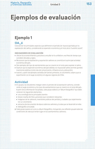 153
153
Historia, Geografía
y Ciencias Sociales Unidad 3
Ejemplos de evaluación
Ejemplo 1
oa_6
Caracterizar los principales aspectos que definieron el periodo de riqueza aportada por la
explotación del salitre, considerando la expansión económica y el inicio de la “cuestión social”.
Indicadores de evaluación
ú Ubican los acontecimientos y procesos a estudiar en la unidad en una línea de tiempo que
considere décadas y siglos.
ú Reconocen que la explotación y exportación salitrera se convirtió en la principal actividad
económica del país.
ú Dan ejemplos del tipo de asentamientos que se crearon en el norte para explotar el salitre.
ú Explican que la expansión económica del país debida a la riqueza del salitre permite grandes
inversiones públicas (como vías de comunicación, infraestructura y educación).
ú Ilustran, a partir de ejemplos extraídos de fuentes primarias, el crecimiento urbano que se
experimentó con el auge económico en algunas regiones de Chile.
Actividad
1 En grupos, los estudiantes indagan sobre el período de la explotación salitrera, conside-
rando el auge económico y los tipos de asentamientos que se crearon en el norte del país.
A partir de la información recopilada, cada grupo elabora un “álbum fotográfico” que debe
contener los siguientes elementos:
ú una cronología de los principales eventos
ú breves reseñas de hitos y procesos que consideren relevantes
ú imágenes de las salitreras, inversiones públicas del período y ciudades que experimenta-
ron un crecimiento
ú extractos de documentos de época sobre las salitreras y la vida que se desarrolló en ellas
ú bibliografía consultada
2 Cada grupo expone al curso su álbum fotográfico, incluyendo una reflexión grupal sobre las
condiciones de vida que tenían lugar en los asentamientos salitreros.
 
