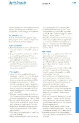 Historia, Geografía
y Ciencias Sociales 161
Unidad 4
presencia, distribución y utilización de los recursos
naturales renovables y no renovables de Chile;
relación entre el ser humano y el medioambiente.
Palabras clave
Territorio, tricontinentalidad, regiones, rasgos
físicos, rasgos humanos, paisaje, recursos, activi-
dades económicas, desastres naturales.
Conocimientos
ú Elementos del territorio nacional y localización
relativa; localización en el mundo; tricontinen-
talidad.
ú Organización político-administrativa de Chile,
considerando rasgos físicos y humanos.
ú Características físicas, humanas y económicas
de su región y de su localidad.
ú Impacto de los desastres naturales en el de-
sarrollo de Chile durante su historia reciente
(sismos, volcanismo, sequía, inundaciones y
derrumbes, entre otros).
Habilidades
ú Usar herramientas geográficas para ubicar,
caracterizar y relacionar elementos del espacio
geográfico, como regiones, climas, paisajes,
población, recursos y riesgos naturales (OA d).
ú Investigar sobre temas del nivel y aplicar
distintas estrategias para registrar y organizar
la información obtenida de dos o más fuentes
sobre un tema (como organizadores gráficos,
tablas, lista de ideas principales y esquemas,
entre otros) (OA f).
ú Contrastar información, a partir de dos fuentes
históricas y/o geográficas distintas, por medio de
preguntas dirigidas, y extraer conclusiones (OA g).
ú Formular y responder preguntas para profundizar
sobre temas de su interés, con relación al pasa-
do, al presente o al entorno geográfico (OA h).
ú Fundamentar opiniones frente a temas estu-
diados en el nivel, utilizando fuentes, datos y
evidencia (OA i).
ú Comparar distintos puntos de vista respecto de
un mismo tema (OA j).
ú Evaluar posibles soluciones frente a un proble-
ma o proyecto y justificar su elección (OA k).
ú Participar en conversaciones grupales, expre-
sando opiniones fundamentadas, respetando
puntos de vista y formulando preguntas relacio-
nadas con el tema (OA m).
ú Presentar, en forma oral, visual o escrita, temas
históricos o geográficos del nivel, organizando
la exposición o el informe con una estructura
adecuada, incorporando el material de apoyo
pertinente y respondiendo preguntas de la
audiencia (OA n).
Actitudes
ú Valorar la vida en sociedad como una dimensión
esencial del crecimiento de la persona.
ú Mostrar interés por conocerse a sí mismo, su
historia personal, de su comunidad y del país,
con el fin de conformar su propia identidad y
generar lazos de pertenencia con su entorno
social y natural.
ú Comportarse y actuar en la vida cotidiana según
principios y virtudes democráticas como la
libertad, la justicia, la igualdad, la equidad, la
solidaridad y la tolerancia.
ú Lograr una comprensión empática de otros
seres humanos, tanto en el pasado como en el
presente, poniéndose en el lugar del otro tanto
en su propio entorno cotidiano como con las
personas de otros tiempos y lugares.
ú Manifestar la voluntad de dialogar, buscar
acuerdos, convencer, dejarse persuadir y traba-
jar en equipo, comprendiendo su importancia
para la convivencia social y la búsqueda del
buen común.
ú Reconocer y respetar la igualdad de derechos
entre hombres y mujeres y apreciar la impor-
tancia de desarrollar relaciones que potencien
su participación equitativa en la vida económica
familiar, social y cultural.
ú Trabajar en forma rigurosa, creativa y perse-
verante, con espíritu emprendedor y con una
disposición positiva a la crítica y la autocrítica.
ú Trabajar en equipo, de manera responsable,
construyendo relaciones basadas en la confian-
za mutua.
 