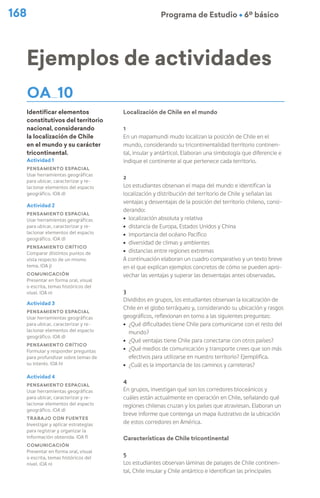 Programa de Estudio Ú 6º básico
168
Ejemplos de actividades
OA 10
Identificar elementos
constitutivos del territorio
nacional, considerando
la localización de Chile
en el mundo y su carácter
tricontinental.
Localización de Chile en el mundo
1
En un mapamundi mudo localizan la posición de Chile en el
mundo, considerando su tricontinentalidad (territorio continen-
tal, insular y antártico). Elaboran una simbología que diferencie e
indique el continente al que pertenece cada territorio.
2
Los estudiantes observan el mapa del mundo e identifican la
localización y distribución del territorio de Chile y señalan las
ventajas y desventajas de la posición del territorio chileno, consi-
derando:
ú localización absoluta y relativa
ú distancia de Europa, Estados Unidos y China
ú importancia del océano Pacífico
ú diversidad de climas y ambientes
ú distancias entre regiones extremas
A continuación elaboran un cuadro comparativo y un texto breve
en el que explican ejemplos concretos de cómo se pueden apro-
vechar las ventajas y superar las desventajas antes observadas.
3
Divididos en grupos, los estudiantes observan la localización de
Chile en el globo terráqueo y, considerando su ubicación y rasgos
geográficos, reflexionan en torno a las siguientes preguntas:
ú ¿Qué dificultades tiene Chile para comunicarse con el resto del
mundo?
ú ¿Qué ventajas tiene Chile para conectarse con otros países?
ú ¿Qué medios de comunicación y transporte crees que son más
efectivos para utilizarse en nuestro territorio? Ejemplifica.
ú ¿Cuál es la importancia de los caminos y carreteras?
4
En grupos, investigan qué son los corredores bioceánicos y
cuáles están actualmente en operación en Chile, señalando qué
regiones chilenas cruzan y los países que atraviesan. Elaboran un
breve informe que contenga un mapa ilustrativo de la ubicación
de estos corredores en América.
Características de Chile tricontinental
5
Los estudiantes observan láminas de paisajes de Chile continen-
tal, Chile insular y Chile antártico e identifican las principales
Actividad 1
Pensamiento espacial
Usar herramientas geográficas
para ubicar, caracterizar y re-
lacionar elementos del espacio
geográfico. (OA d)
Actividad 2
Pensamiento espacial
Usar herramientas geográficas
para ubicar, caracterizar y re-
lacionar elementos del espacio
geográfico. (OA d)
Pensamiento crítico
Comparar distintos puntos de
vista respecto de un mismo
tema. (OA j)
Comunicación
Presentar en forma oral, visual
o escrita, temas históricos del
nivel. (OA n)
Actividad 3
Pensamiento espacial
Usar herramientas geográficas
para ubicar, caracterizar y re-
lacionar elementos del espacio
geográfico. (OA d)
Pensamiento crítico
Formular y responder preguntas
para profundizar sobre temas de
su interés. (OA h)
Actividad 4
Pensamiento espacial
Usar herramientas geográficas
para ubicar, caracterizar y re-
lacionar elementos del espacio
geográfico. (OA d)
Trabajo con fuentes
Investigar y aplicar estrategias
para registrar y organizar la
información obtenida. (OA f)
Comunicación
Presentar en forma oral, visual
o escrita, temas históricos del
nivel. (OA n)
 