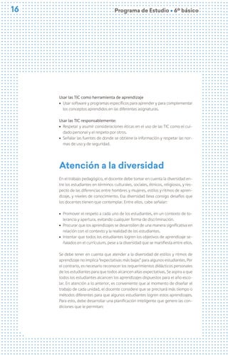 16
16 Programa de Estudio Ú 6º básico
Usar las TIC como herramienta de aprendizaje
ú Usar software y programas específicos para aprender y para complementar
los conceptos aprendidos en las diferentes asignaturas.
Usar las TIC responsablemente:
ú Respetar y asumir consideraciones éticas en el uso de las TIC como el cui-
dado personal y el respeto por otros.
ú Señalar las fuentes de donde se obtiene la información y respetar las nor-
mas de uso y de seguridad.
Atención a la diversidad
En el trabajo pedagógico, el docente debe tomar en cuenta la diversidad en-
tre los estudiantes en términos culturales, sociales, étnicos, religiosos, y res-
pecto de las diferencias entre hombres y mujeres, estilos y ritmos de apren-
dizaje, y niveles de conocimiento. Esa diversidad lleva consigo desafíos que
los docentes tienen que contemplar. Entre ellos, cabe señalar:
ú Promover el respeto a cada uno de los estudiantes, en un contexto de to-
lerancia y apertura, evitando cualquier forma de discriminación.
ú Procurar que los aprendizajes se desarrollen de una manera significativa en
relación con el contexto y la realidad de los estudiantes.
ú Intentar que todos los estudiantes logren los objetivos de aprendizaje se-
ñalados en el currículum, pese a la diversidad que se manifiesta entre ellos.
Se debe tener en cuenta que atender a la diversidad de estilos y ritmos de
aprendizaje no implica “expectativas más bajas” para algunos estudiantes. Por
el contrario, es necesario reconocer los requerimientos didácticos personales
de los estudiantes para que todos alcancen altas expectativas. Se aspira a que
todos los estudiantes alcancen los aprendizajes dispuestos para el año esco-
lar. En atención a lo anterior, es conveniente que al momento de diseñar el
trabajo de cada unidad, el docente considere que se precisará más tiempo o
métodos diferentes para que algunos estudiantes logren estos aprendizajes.
Para esto, debe desarrollar una planificación inteligente que genere las con-
diciones que le permitan:
 