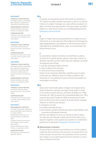 Historia, Geografía
y Ciencias Sociales 181
Unidad 4
Actividad 3
Trabajo con fuentes
Investigar y aplicar estrategias
para registrar y organizar la
información obtenida. (OA f)
Pensamiento crítico
Evaluar posibles soluciones
frente a un problema. (OA k)
Comunicación
Presentar en forma oral, visual
o escrita, temas históricos del
nivel. (OA n)
5
En grupos, los estudiantes buscan información en periódicos o
TIC, respecto de algún desastre que haya ocurrido en los últimos
5 años en su región. Investigan sus causas, efectos y evalúan me-
didas concretas tanto para prevenir como para reducir sus daños.
Elaboran un informe por escrito con una bibliografía pertinente.
(Lenguaje y Comunicación)
6
Eligen un riesgo natural que pueda afectar a su región y buscan
información en el sitio web de la Oficina Nacional de Emergencia,
http://www.onemi.cl/, para elaborar un afiche que promueva la
seguridad de la ciudadanía frente a ellos, el cual presentan oral-
mente frente al curso.
7
Los estudiantes realizan entrevistas a tres familiares o adultos
cercanos (en lo posible abuelos, padres o tíos), para conocer los
desastres naturales que han vivido. Para esto, elaboran una pauta
de preguntas que incluya:
ú qué tipo de desastre debió enfrentar
ú cómo le afectó dicha situación
ú cómo actuó frente al problema
A partir de las respuestas obtenidas, el profesor guía en clases
la discusión que reflexione sobre los riesgos y desastres más
frecuentes en su localidad y la manera en que estos pueden ser
enfrentados en el futuro.
8
Seleccionan fuentes adecuadas e indagan sobre alguno de los
mayores desastres naturales que hayan tenido lugar en el país
en los últimos ochenta años (ej., terremoto de Valdivia en 1960,
terremoto de 1985, el aluvión de la Quebrada de Macul de 1993,
erupción del volcán Chaitén en 2009, terremoto del 27 de fe-
brero de 2010, entre otros). A partir de la información recabada,
elaboran un informe que explique:
ú el desastre ocurrido
ú los daños derivados de este
ú las iniciativas y políticas oficiales que fueron desarrolladas como
consecuencia del desastre descrito.
Escriben una reflexión en torno a la manera en que los desas-
tres naturales han afectado el desarrollo de Chile, tanto en sus
aspectos negativos como aquellos que pueden ser considerados
positivos en el largo plazo. (Lenguaje y Comunicación)
! Observaciones al docente:
En esta unidad es importante que el docente no se limite a explicar
cuáles han sido los desastres naturales que se han producido en el te-
rritorio nacional, sino que lleve a los estudiantes a tomar conciencia
de los riesgos a los que permanentemente está sometida su comuni-
dad y los habitantes de Chile.
Actividad 4
Trabajo con fuentes
Contrastar información de
fuentes y extraer conclusiones.
(OA g)
Comunicación
Presentar en forma oral, visual
o escrita, temas históricos del
nivel. (OA n)
Actividad 5
Trabajo con fuentes
Investigar y aplicar estrategias
para registrar y organizar la
información obtenida. (OA f)
Contrastar información de
fuentes y extraer conclusiones.
(OA g)
Pensamiento crítico
Evaluar posibles soluciones
frente a un problema. (OA k)
Actividad 6
Trabajo con fuentes
Contrastar información de
fuentes y extraer conclusiones.
(OA g)
Comunicación
Presentar en forma oral, visual
o escrita, temas históricos del
nivel. (OA n)
Actividad 7
Pensamiento crítico
Formular y responder preguntas
para profundizar sobre temas de
su interés. (OA h)
Fundamentar opiniones, uti-
lizando fuentes, y evidencia.
(OA i)
Comparar distintos puntos de
vista respecto de un mismo
tema. (OA j)
Evaluar posibles soluciones
frente a un problema. (OA k)
Comunicación
Participar en conversaciones
grupales. (OA m)
 