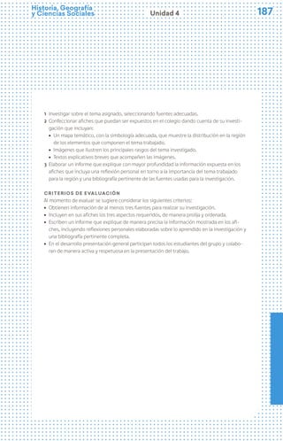 187
187
Historia, Geografía
y Ciencias Sociales Unidad 4
1 Investigar sobre el tema asignado, seleccionando fuentes adecuadas.
2 Confeccionar afiches que puedan ser expuestos en el colegio dando cuenta de su investi-
gación que incluyan:
ú Un mapa temático, con la simbología adecuada, que muestre la distribución en la región
de los elementos que componen el tema trabajado.
ú Imágenes que ilustren los principales rasgos del tema investigado.
ú Textos explicativos breves que acompañen las imágenes.
3 Elaborar un informe que explique con mayor profundidad la información expuesta en los
afiches que incluya una reflexión personal en torno a la importancia del tema trabajado
para la región y una bibliografía pertinente de las fuentes usadas para la investigación.
Criterios de evaluación
Al momento de evaluar se sugiere considerar los siguientes criterios:
ú Obtienen información de al menos tres fuentes para realizar su investigación.
ú Incluyen en sus afiches los tres aspectos requeridos, de manera prolija y ordenada.
ú Escriben un informe que explique de manera precisa la información mostrada en los afi-
ches, incluyendo reflexiones personales elaboradas sobre lo aprendido en la investigación y
una bibliografía pertinente completa.
ú En el desarrollo presentación general participan todos los estudiantes del grupo y colabo-
ran de manera activa y respetuosa en la presentación del trabajo.
 