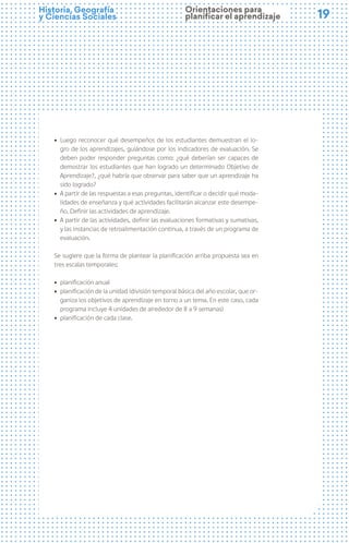 19
19
Historia, Geografía
y Ciencias Sociales
ú Luego reconocer qué desempeños de los estudiantes demuestran el lo-
gro de los aprendizajes, guiándose por los indicadores de evaluación. Se
deben poder responder preguntas como: ¿qué deberían ser capaces de
demostrar los estudiantes que han logrado un determinado Objetivo de
Aprendizaje?, ¿qué habría que observar para saber que un aprendizaje ha
sido logrado?
ú A partir de las respuestas a esas preguntas, identificar o decidir qué moda-
lidades de enseñanza y qué actividades facilitarán alcanzar este desempe-
ño. Definir las actividades de aprendizaje.
ú A partir de las actividades, definir las evaluaciones formativas y sumativas,
y las instancias de retroalimentación continua, a través de un programa de
evaluación.
Se sugiere que la forma de plantear la planificación arriba propuesta sea en
tres escalas temporales:
ú planificación anual
ú planificación de la unidad (división temporal básica del año escolar, que or-
ganiza los objetivos de aprendizaje en torno a un tema. En este caso, cada
programa incluye 4 unidades de alrededor de 8 a 9 semanas)
ú planificación de cada clase.
Orientaciones para
planificar el aprendizaje
 