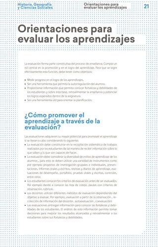 21
21
Historia, Geografía
y Ciencias Sociales
Orientaciones para
evaluar los aprendizajes
Orientaciones para
evaluar los aprendizajes
La evaluación forma parte constitutiva del proceso de enseñanza. Cumple un
rol central en la promoción y en el logro del aprendizaje. Para que se logre
efectivamente esta función, debe tener como objetivos:
ú Medir progreso en el logro de los aprendizajes.
ú Ser una herramienta que permita la autorregulación del alumno.
ú Proporcionar información que permita conocer fortalezas y debilidades de
los estudiantes y sobre esta base, retroalimentar la enseñanza y potenciar
los logros esperados dentro de la asignatura.
ú Ser una herramienta útil para orientar la planificación.
¿Cómo promover el
aprendizaje a través de la
evaluación?
Las evaluaciones adquieren su mayor potencial para promover el aprendizaje
si se llevan a cabo considerando lo siguiente:
ú La evaluación debe constituirse en la recopilación sistemática de trabajos
realizados por los estudiantes de tal manera de recibir información sobre lo
que saben y lo que son capaces de hacer.
ú La evaluación debe considerar la diversidad de estilos de aprendizaje de los
alumnos , para esto se deben utilizar una variedad de instrumentos como
por ejemplo proyectos de investigación grupales e individuales, presen-
taciones, informes orales y escritos, revistas y diarios de aprendizaje, eva-
luaciones de desempeño, portafolio, pruebas orales y escritas, controles,
entre otros
ú Los estudiantes conocen los criterios de evaluación antes de ser evaluados.
Por ejemplo dando a conocer las lista de cotejo, pautas con criterios de
observación, rúbricas.
ú Los docentes utilizan diferentes métodos de evaluación dependiendo del
objetivo a evaluar. Por ejemplo, evaluación a partir de la observación , re-
colección de información del docente , autoevaluación , coevaluación)
ú Las evaluaciones entregan información para conocer las fortalezas y debi-
lidades de los estudiantes. El análisis de esta información permite tomar
decisiones para mejorar los resultados alcanzados y retroalimentar a los
estudiantes sobre sus fortalezas y debilidades.
 