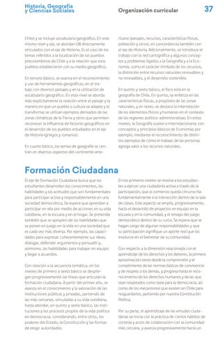 Historia, Geografía
y Ciencias Sociales 37
Organización curricular
El eje de Formación Ciudadana busca que los
estudiantes desarrollen los conocimientos, las
habilidades y las actitudes que son fundamentales
para participar activa y responsablemente en una
sociedad democrática. Se espera que aprendan a
participar en ella por medio de acciones en su vida
cotidiana, en la escuela y en el hogar. Se pretende
también que se apropien de las habilidades que
se ponen en juego en la vida en una sociedad que
es cada vez más diversa. Por ejemplo, las capaci-
dades para expresar coherentemente sus ideas,
dialogar, defender argumentos y persuadir y,
asimismo, las habilidades para trabajar en equipo
y llegar a acuerdos.
Con relación a la secuencia temática, en los
niveles de primero a sexto básico se desplie-
gan progresivamente las líneas que articulan la
formación ciudadana. A partir del primer año, se
avanza en el conocimiento y la valoración de las
instituciones públicas y privadas, partiendo de
las más cercanas, vinculadas a su vida cotidiana,
hasta abordar, en quinto y sexto básico, las insti-
tuciones y los procesos propios de la vida política
en democracia, considerando, entre otros, los
poderes del Estado, la Constitución y las formas
de elegir autoridades.
En los primeros niveles se motiva a los estudian-
tes a ejercer una ciudadanía activa a través de la
participación, que al comienzo queda circunscrita
fundamentalmente a la interacción dentro de la sala
de clases. Este aspecto se amplía, progresivamente,
hacia el desarrollo de proyectos en equipo en la
escuela y en la comunidad, y el ensayo del juego
democrático dentro de su curso. Se espera que se
hagan cargo de algunas responsabilidades y que
su participación signifique un aporte real que los
involucre en el bienestar de su comunidad.
Con respecto a la dimensión relacionada con el
aprendizaje de los derechos y los deberes, la primera
aproximación viene desde la comprensión y el
cumplimiento de las normas básicas de convivencia
y de respeto a los demás, y progresa hasta el reco-
nocimiento de los derechos humanos y de las que
sean respetados como base para la democracia, así
como de los mecanismos que existen en Chile para
resguardarlos, partiendo por nuestra Constitución
Política.
Por su parte, el aprendizaje de las virtudes ciuda-
danas se inicia con la práctica de ciertos hábitos de
cortesía y actos de colaboración con la comunidad
más cercana, y avanza progresivamente hacia un
Formación Ciudadana
Chile) y se incluye vocabulario geográfico. En este
mismo nivel y eje, se abordan OA directamente
vinculados con el eje de Historia. Es el caso de los
temas referidos a la localización de los pueblos
precolombinos de Chile y a la relación que esos
pueblos establecieron con su medio geográfico.
En tercero básico, se avanza en el reconocimiento
y uso de herramientas geográficas, en el tra-
bajo con diversos paisajes y en la utilización de
vocabulario geográfico. En este nivel se aborda
más explícitamente la relación entre el paisaje y la
manera en que un pueblo o cultura se adapta y lo
transforma; se utilizan ejemplos derivados de las
zonas climáticas de la Tierra y otros que permiten
reconocer la influencia de factores geográficos en
el desarrollo de los pueblos estudiados en el eje
de Historia (griegos y romanos).
En cuarto básico, los temas de geografía se cen-
tran en diversos aspectos del continente ame-
ricano (paisajes, recursos, características físicas,
población y otros), en concordancia también con
el eje de Historia. Adicionalmente, se introduce el
trabajo con la red cartográfica y algunos concep-
tos y problemas ligados a la Geografía y a la Eco-
nomía, como el carácter limitado de los recursos,
la distinción entre recursos naturales renovables y
no renovables, y el desarrollo sostenible.
En quinto y sexto básico, el foco está en la
geografía de Chile. En quinto, se enfatiza en las
características físicas, a propósito de las zonas
naturales, y en sexto, se destaca la interrelación
de los elementos físicos y humanos en el contexto
de las regiones político-administrativas. En estos
niveles, la Geografía vuelve a interrelacionarse con
conceptos y principios básicos de Economía; por
ejemplo, mediante el reconocimiento de distin-
tos ejemplos de cómo el trabajo de las personas
agrega valor a los recursos naturales.
 