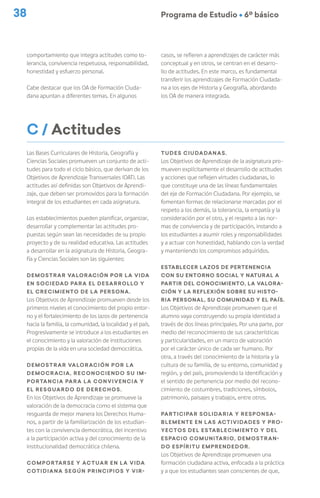 38 Programa de Estudio Ú 6º básico
comportamiento que integra actitudes como to-
lerancia, convivencia respetuosa, responsabilidad,
honestidad y esfuerzo personal.
Cabe destacar que los OA de Formación Ciuda-
dana apuntan a diferentes temas. En algunos
casos, se refieren a aprendizajes de carácter más
conceptual y en otros, se centran en el desarro-
llo de actitudes. En este marco, es fundamental
transferir los aprendizajes de Formación Ciudada-
na a los ejes de Historia y Geografía, abordando
los OA de manera integrada.
Las Bases Curriculares de Historia, Geografía y
Ciencias Sociales promueven un conjunto de acti-
tudes para todo el ciclo básico, que derivan de los
Objetivos de Aprendizaje Transversales (OAT). Las
actitudes así definidas son Objetivos de Aprendi-
zaje, que deben ser promovidos para la formación
integral de los estudiantes en cada asignatura.
Los establecimientos pueden planificar, organizar,
desarrollar y complementar las actitudes pro-
puestas según sean las necesidades de su propio
proyecto y de su realidad educativa. Las actitudes
a desarrollar en la asignatura de Historia, Geogra-
fía y Ciencias Sociales son las siguientes:
Demostrar valoración por la vida
en sociedad para el desarrollo y
el crecimiento de la persona.
Los Objetivos de Aprendizaje promueven desde los
primeros niveles el conocimiento del propio entor-
no y el fortalecimiento de los lazos de pertenencia
hacia la familia, la comunidad, la localidad y el país.
Progresivamente se introduce a los estudiantes en
el conocimiento y la valoración de instituciones
propias de la vida en una sociedad democrática.
Demostrar valoración por la
democracia, reconociendo su im-
portancia para la convivencia y
el resguardo de derechos.
En los Objetivos de Aprendizaje se promueve la
valoración de la democracia como el sistema que
resguarda de mejor manera los Derechos Huma-
nos, a partir de la familiarización de los estudian-
tes con la convivencia democrática, del incentivo
a la participación activa y del conocimiento de la
institucionalidad democrática chilena.
Comportarse y actuar en la vida
cotidiana según principios y vir-
C / Actitudes
tudes ciudadanas.
Los Objetivos de Aprendizaje de la asignatura pro-
mueven explícitamente el desarrollo de actitudes
y acciones que reflejen virtudes ciudadanas, lo
que constituye una de las líneas fundamentales
del eje de Formación Ciudadana. Por ejemplo, se
fomentan formas de relacionarse marcadas por el
respeto a los demás, la tolerancia, la empatía y la
consideración por el otro, y el respeto a las nor-
mas de convivencia y de participación, instando a
los estudiantes a asumir roles y responsabilidades
y a actuar con honestidad, hablando con la verdad
y manteniendo los compromisos adquiridos.
Establecer lazos de pertenencia
con su entorno social y natural a
partir del conocimiento, la valora-
ción y la reflexión sobre su histo-
ria personal, su comunidad y el país.
Los Objetivos de Aprendizaje promueven que el
alumno vaya construyendo su propia identidad a
través de dos líneas principales. Por una parte, por
medio del reconocimiento de sus características
y particularidades, en un marco de valoración
por el carácter único de cada ser humano. Por
otra, a través del conocimiento de la historia y la
cultura de su familia, de su entorno, comunidad y
región, y del país, promoviendo la identificación y
el sentido de pertenencia por medio del recono-
cimiento de costumbres, tradiciones, símbolos,
patrimonio, paisajes y trabajos, entre otros.
Participar solidaria y responsa-
blemente en las actividades y pro-
yectos del establecimiento y del
espacio comunitario, demostran-
do espíritu emprendedor.
Los Objetivos de Aprendizaje promueven una
formación ciudadana activa, enfocada a la práctica
y a que los estudiantes sean conscientes de que,
 