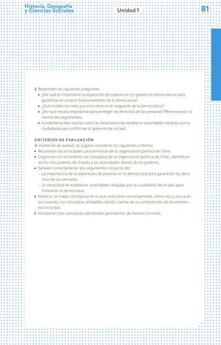 81
81
Historia, Geografía
y Ciencias Sociales Unidad 1
2 Responden las siguientes preguntas:
ú ¿Por qué es importante la separación de poderes en los gobiernos democráticos para
garantizar el correcto funcionamiento de la democracia?
ú ¿Qué incidencia crees que esto tiene en el resguardo de la democrática?
ú ¿Por qué resulta importante para proteger los derechos de las personas? Menciona por lo
menos dos argumentos.
ú Fundamenta dos razones sobre la importancia de establecer autoridades elegidas por la
ciudadanía para conformar el gobierno de un país.
Criterios de evaluación
Al momento de evaluar se sugiere considerar los siguientes criterios:
ú Reconocen las principales características de la organización política de Chile.
ú Organizan correctamente los conceptos de la organización política de Chile, identifican-
do los tres poderes del Estado y las autoridades detrás de los poderes.
ú Señalan correctamente dos argumentos respecto de:
− La importancia de la separación de poderes en la democracia para garantizar los dere-
chos de las personas.
− La necesidad de establecer autoridades elegidas por la ciudadanía de un país para
fortalecer la democracia.
ú Elaborar un mapa conceptual en el que relacionan correctamente, entre uno y otro y en
su conjunto, los conceptos señalados, dando cuenta de su comprensión de los elemen-
tos incluidos.
ú Incorporan tres conceptos adicionales pertinentes de manera correcta.
 
