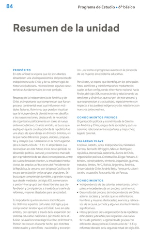 84 Programa de Estudio Ú 6º básico
Propósito
En esta unidad se espera que los estudiantes
desarrollen una visión panorámica del proceso de
Independencia de Chile y de su primer siglo de
historia republicana, reconociendo algunas carac-
terísticas fundamentales de este período.
Respecto de la Independencia de América y de
Chile, es importante que comprendan que fue un
proceso continental en el cual influyeron múl-
tiples factores. Asimismo, que puedan visualizar
que la Independencia planteó enormes desafíos
a las nuevas naciones, destacando la necesidad
de organizarse políticamente en torno al nuevo
orden republicano. En este sentido, se busca que
expliquen que la construcción de la república fue
una etapa de aprendizaje en distintos ámbitos, en
la que hubo diferentes grupos, visiones, propues-
tas y ensayos que culminaron en la promulgación
de la Constitución de 1833. Es importante que
reconozcan en este hito el inicio de un período de
desarrollo político, cultural y económico marcado
por el predominio de las ideas conservadoras, entre
las cuales destacan el orden, la estabilidad institu-
cional, las amplias atribuciones del Presidente de
la República, la cercanía con la Iglesia Católica y la
escasa participación de los grupos populares. Se
busca que comprendan también, a grandes rasgos,
que desde mediados del siglo XIX, comenzaron
a predominar grupos con ideas liberales que de-
fendieron y consiguieron, a través de una serie de
reformas, mayores libertades para la sociedad.
Es importante que los alumnos identifiquen
los distintos aspectos culturales del siglo y que
comprendan la labor que el Estado tuvo en este
ámbito, por ejemplo a través de la expansión del
sistema educativo nacional o por medio de la di-
fusión de avances tecnológicos como el ferrocarril.
Podrán reconocer el aporte hecho por distintos
intelectuales y científicos –nacionales y extranje-
ros–, así como el progresivo avance en la presencia
de las mujeres en el sistema educativo.
Por último, se espera que identifiquen los principales
hitos, conflictos y transformaciones mediante los
cuales se fue configurando el territorio nacional hacia
finales del siglo XIX, reconociendo y relacionando las
tensiones y dinámicas que surgen de este proceso y
que se proyectan a la actualidad, especialmente con
respecto a los pueblos indígenas y a las relaciones con
nuestros países vecinos.
Conocimientos previos
Organización política y económica de la Colonia
en América y Chile; rasgos de la sociedad y cultura
colonial; relaciones entre españoles y mapuches;
legado colonial.
Palabras clave
Colonias, cabildo, junta, Independencia, hermanos
Carrera, Bernardo O’Higgins, Manuel Rodríguez,
república, monarquía, soberanía, Aurora de Chile,
organización política, Constitución, Diego Portales, li-
berales, conservadores, territorio, expansión, guerras,
tratados, límites, Perú, Bolivia, Argentina, América,
Universidad de Chile, Andrés Bello, Ferrocarril, coloni-
zación, ocupación, Araucanía, Isla de Pascua.
Conocimientos
ú Independencia de las colonias americanas: princi-
pales antecedentes de un proceso continental.
ú Desarrollo del proceso de Independencia en Chile:
actores sociales y bandos que se enfrentaron;
hombres y mujeres destacadas; avances y retroce-
sos de la causa patriota y algunos acontecimientos
significativos.
ú Hitos y procesos de la organización de la república:
dificultades y desafíos para organizar una nueva
forma de gobierno; surgimiento de grupos con
diferentes ideas políticas; Constitución de 1833 y
reformas liberales de la segunda mitad del siglo XIX.
Resumen de la unidad
 