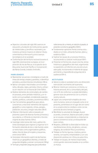 Historia, Geografía
y Ciencias Sociales 85
Unidad 2
ú Aspectos culturales del siglo XIX: avances en
educación y fundación de instituciones; aporte
de intelectuales y científicos nacionales y ex-
tranjeros; primeras mujeres en obtener títulos
universitarios; el ferrocarril y otros avances
tecnológicos en la sociedad.
ú Conformación del territorio nacional durante el
siglo XIX: colonizaciones europeas, la incor-
poración de Isla de Pascua, la ocupación de la
Araucanía, Guerra del Pacífico e incorporación
del Norte Grande, tratados limítrofes.
Habilidades
ú Representar secuencias cronológicas a través de
líneas de tiempo simples y paralelas, e identificar
periodos y acontecimientos simultáneos (OA a).
ú Aplicar conceptos relacionados con el tiempo
(años, décadas, siglos, periodos, hitos) y utilizar-
los en relación con la historia de Chile (OA b).
ú Analizar elementos de continuidad y de cambio
en procesos, entre periodos históricos, y en re-
lación con la actualidad, considerando aspectos
sociales, políticos, culturales y económicos (OA c).
ú Usar herramientas geográficas para ubicar,
caracterizar y relacionar elementos del espacio
geográfico, como regiones, climas, paisajes,
población, recursos y riesgos naturales (OA d).
ú Obtener información sobre el pasado y el
presente a partir de diversas fuentes primarias y
secundarias, e infiriendo la intención o función
original de estas fuentes (OA e).
ú Investigar sobre temas del nivel y aplicar dis-
tintas estrategias para registrar y organizar la in-
formación obtenida de dos o más fuentes sobre
un tema (tales como organizadores gráficos,
tablas, lista de ideas principales y esquemas,
entre otros) (OA f).
ú Contrastar información a partir de dos fuentes
históricas y/o geográficas distintas, a través de
preguntas dirigidas, y extraer conclusiones (OA g).
ú Formular yresponderpreguntasparaprofundizar
sobretemasdesuinterés,enrelaciónalpasado,al
presenteoalentornogeográfico(OAh).
ú Fundamentar opiniones frente a temas estu-
diados en el nivel, utilizando fuentes, datos y
evidencia (OA i).
ú Explicar las causas de un proceso histórico,
reconociendo su carácter multicausal (OA l).
ú Presentar en forma oral, visual o escrita, temas
históricos o geográficos del nivel, organizando
la exposición o el informe con una estructura
adecuada, incorporando el material de apoyo
pertinente y respondiendo preguntas de la
audiencia (OA n).
Actitudes
ú Valorar la vida en sociedad como una dimensión
esencial del crecimiento de la persona.
ú Mostrar interés por conocerse a sí mismo, su
historia personal, de su comunidad y del país,
con el fin de conformar su propia identidad y
generar lazos de pertenencia con su entorno
social y natural.
ú Lograr una comprensión empática de otros
seres humanos, tanto en el pasado como en el
presente, poniéndose en el lugar del otro tanto
en su propio entorno cotidiano como con las
personas de otros tiempos y lugares.
ú Manifestar la voluntad de dialogar, buscar
acuerdos, convencer, dejarse persuadir y traba-
jar en equipo, comprendiendo su importancia
para la convivencia social y la búsqueda del
buen común.
ú Respetar y defender la diversidad en todas sus
manifestaciones; étnica, de género, cultural,
religiosa, de condición física y económica.
ú Trabajar en forma rigurosa, creativa y perse-
verante, con espíritu emprendedor y con una
disposición positiva a la crítica y la autocrítica.
ú Trabajar en equipo, de manera responsable,
construyendo relaciones basadas en la confian-
za mutua.
 