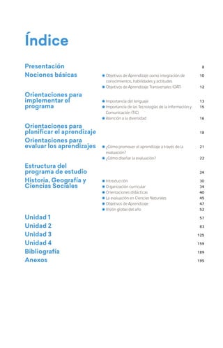 Índice
Presentación 8
Nociones básicas Objetivos de Aprendizaje como integración de
conocimientos, habilidades y actitudes
Objetivos de Aprendizaje Transversales (OAT)
10
12
Orientaciones para
implementar el
programa
Importancia del lenguaje
Importancia de las Tecnologías de la Información y
Comunicación (TIC)
Atención a la diversidad
13
15
16
Orientaciones para
planificar el aprendizaje 18
Orientaciones para
evaluar los aprendizajes ¿Cómo promover el aprendizaje a través de la
evaluación?
¿Cómo diseñar la evaluación?
21
22
Estructura del
programa de estudio 24
Historia, Geografía y
Ciencias Sociales
Introducción
Organización curricular
Orientaciones didácticas
La evaluación en Ciencias Naturales
Objetivos de Aprendizaje
Visión global del año
30
34
40
45
47
52
Unidad 1 57
Unidad 2 83
Unidad 3 125
Unidad 4 159
Bibliografía 189
Anexos 195
 