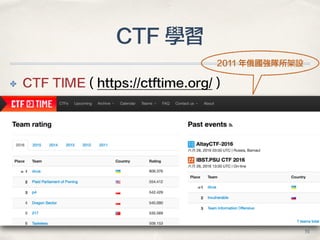 CTF 學習
✤ CTF TIME ( https://ctftime.org/ )
51
2011 所架設
 