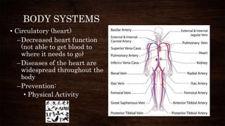 BODY SYSTEMS
• Circulatory (heart)
–Decreased heart function
(not able to get blood to
where it needs to go)
–Diseases of the heart are
widespread throughout the
body
–Prevention:
• Physical Activity
 
