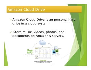 Amazon Cloud Drive
Amazon Cloud Drive is an personal hard
drive in a cloud system.
Store music, videos, photos, and
documents on Amazon's servers.
https://www.amazon.com/clouddrive
documents on Amazon's servers.
 
