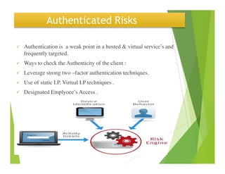 Authenticated Risks
Authentication is a weak point in a hosted & virtual service’s and
frequently targeted.
Ways to check the Authenticity of the client :
Leverage strong two –factor authentication techniques.
Use of static I.P, Virtual I.P techniques .
Designated Emplyoee’s Access .
 