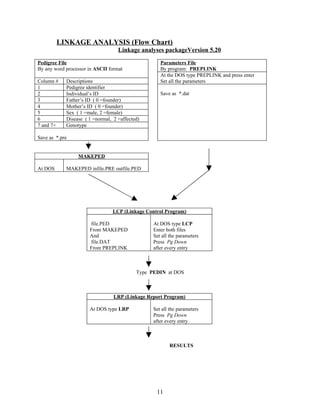 LINKAGE ANALYSIS (Flow Chart)
                                   Linkage analyses packageVersion 5.20

Pedigree File                                       Parameters File
By any word processor in ASCII format               By program: PREPLINK
                                                    At the DOS type PREPLINK and press enter
Column #    Descriptions                            Set all the parameters
1           Pedigree identifier
2           Individual’s ID                         Save as *.dat
3           Father’s ID ( 0 =founder)
4           Mother’s ID ( 0 =founder)
5           Sex ( 1 =male, 2 =female)
6           Disease ( 1 =normal, 2 =affected)
7 and 7+    Genotype

Save as *.pre


                 MAKEPED

At DOS      MAKEPED infile.PRE outfile.PED




                                LCP (Linkage Control Program)

                      file.PED                   At DOS type LCP
                      From MAKEPED               Enter both files
                      And                        Set all the parameters
                      file.DAT                   Press Pg Down
                      From PREPLINK              after every entry



                                           Type PEDIN at DOS



                                 LRP (Linkage Report Program)

                      At DOS type LRP            Set all the parameters
                                                 Press Pg Down
                                                 after every entry



                                                        RESULTS




                                                  11
 