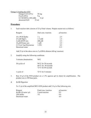 Orange G loading dye (6X)
          Orange G (0.125%)    50 mg
          Ficoll (20%)         8g
          0.5 M EDTA (100 mM)     8 ml
          deionized H2O     32 ml

Procedure

1.    Each reaction tube consists of 25 μl final volume. Prepare master mix as follows:

      Reagent                      final conc./reaction          μl/reaction

      10 x PCR Buffer              1x                             2.5
      25 mM MgCl2                  1.5 mM                         1.5
      2 mM dNTP mix                200 μM                         2.5
      10 μM Primer mix             1 μM                           2.5
      2.5 U/μl Taq Polymerase      1.25U                          0.5
      Deionized water                                            13.5

      Add 23 μl of the above mix to 2 μl DNA dilution (40 ng/ reaction)

2.    Amplify using the following conditions

      3 minutes denaturation       94oC

      30 cycles of                 94 oC for 30 seconds
                                   60 oC for, 30 seconds
                                   72 oC for 60 seconds

      1 cycle of                   72 oC for 5 minutes

3.    Run 10 μl of the PCR product on a 1.5% agarose gel to check for amplification. The
      product size is 509 base pairs.

4.    BsrBI Digestion

      To 15 μl of the amplified SRY-8299 product add 5.8 μl of the following mix

      Reagent                      Final conc./reaction          μl/reaction
      BsrBI (10 units/ μl)         5 units/reaction              0.5
      10X buffer                   1X                            0.6
      Deionized water                                            4.9




                                               22
 