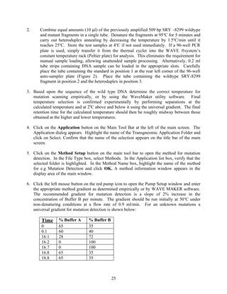 2.     Combine equal amounts (10 µl) of the previously amplified 509 bp SRY –8299 wildtype
       and mutant fragments in a single tube. Denature the fragments at 95oC for 5 minutes and
       carry out heteroduplex annealing by decreasing the temperature by 1.5oC/min until it
       reaches 25oC. Store the test samples at 4oC if not used immediately. If a 96-well PCR
       plate is used, simply transfer it from the thermal cycler into the WAVE ®system’s
       constant temperature rack (Peltier plate) for analysis. This eliminates the requirement for
       manual sample loading, allowing unattended sample processing. Alternatively, 0.2 ml
       tube strips containing DNA sample can be loaded in the appropriate slots. Carefully
       place the tube containing the standard in position 1 at the rear left corner of the 96-well
       auto-sampler plate (Figure 2). Place the tube containing the wildtype SRY-8299
       fragment in position 2 and the heteroduplex in position 3.

3. Based upon the sequence of the wild type DNA determine the correct temperature for
   mutation scanning empirically, or by using the WaveMaker utility software. Final
   temperature selection is confirmed experimentally by performing separations at the
   calculated temperature and at 20C above and below it using the universal gradient. The final
   retention time for the calculated temperature should then be roughly midway between those
   obtained at the higher and lower temperatures.

4. Click on the Application button on the Main Tool Bar at the left of the main screen. The
   Application dialog appears. Highlight the name of the Transgneomic Application Folder and
   click on Select. Confirm that the name of the selection appears on the title bar of the main
   screen.

5. Click on the Method Setup button on the main tool bar to open the method for mutation
   detection. In the File Type box, select Methods. In the Application list box, verify that the
   selected folder is highlighted. In the Method Name box, highlight the name of the method
   for e.g Mutation Detection and click OK. A method information window appears in the
   display area of the main window.

6. Click the left mouse button on the red pump icon to open the Pump Setup window and enter
   the appropriate method gradient as determined empirically or by WAVE MAKER software.
   The recommended gradient for mutation detection is a slope of 2% increase in the
   concentration of Buffer B per minute. The gradient should be run initially at 50 oC under
   non-denaturing conditions at a flow rate of 0.9 ml/min. For an unknown mutations a
   universal gradient for mutation detection is shown below:

        Time     % Buffer A       % Buffer B
        0        65               35
        0.1      60               40
        16.1     28               72
        16.2     0                100
        16.7     0                100
        16.8     65               35
        18.8     65               35



                                               25
 