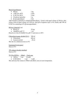 Phenol Equilibration
    • Phenol                       1 kg
    • 1.0M Tris, pH 8              2 liter
    • 0.1M Tris, pH 8              2 liter
    • 8-hydroxy quinoline          1g
    • β-mercaptoethanol            2 ml
Add 8-hydroxy quinoline to melted distilled phenol. Extract with equal volume of 1M tris, then
extract with an equal volume of 0.1M tris, until pH of aqueous layer is 8.0, finally add 100 ml
0.1M Tris containing 0.2% β-mercaptoethanol.

RNAse (10mgml) 1ml
   • RNAse A                       10 mg
   • 10mMTris, pH 7.5              1 ml
Dissolve in 1ml of (10mM) Tris, pH 7.5 and store at -20°C

Chloroform:isoamy alcohol (24:1) 500 ml
   • Chloroform                     480 ml
   • Isoamyl alcohol                 20 ml
Mix the two solution & store at 4°C

Isopropanol (extra pure)
Store at 4°C

70% ethanol (freshly distilled)
Store at 4°C

TE (Tris EDTA)      500ml     Final conc
   • 1MTris         5 ml     10 mM
   • 0.5M EDTA            1 ml       1 mM
Mix and raise the volume to 500ml with dH2O, store at room temperature.




                                              5
 